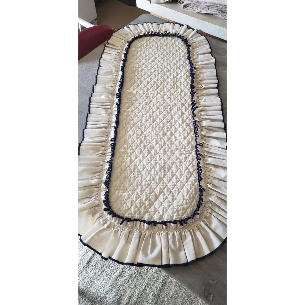 Quilted Ruffle Table Runner and Round Placemat Set Cream Navy Farmhouse Decor